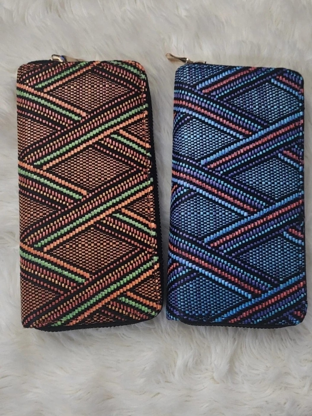 Woven Geometric Zip Wallets - Blue & Orange